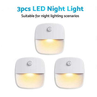 3 PCS Cordless Battery-Powered LED Night Light Motion Sensor Light-Warm White.