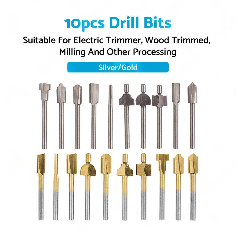 Set of 10 3mm Titanium Mini Hss Router Bit Trimmer Shank Electric Trimmer Tool.