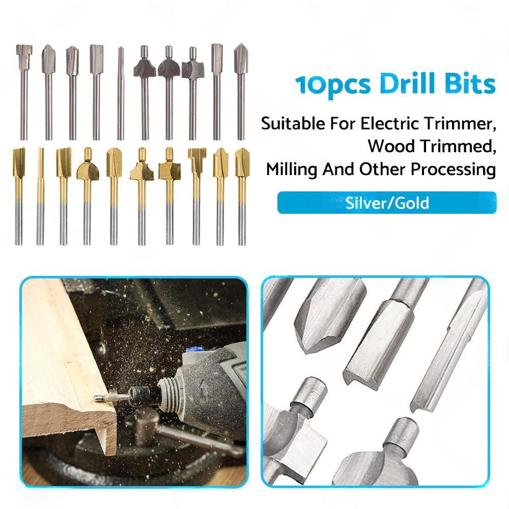 Set of 10 3mm Titanium Mini Hss Router Bit Trimmer Shank Electric Trimmer Tool.