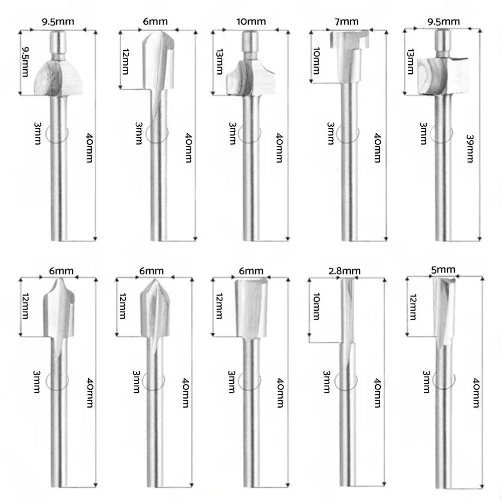 Set of 10 3mm Titanium Mini Hss Router Bit Trimmer Shank Electric Trimmer Tool.
