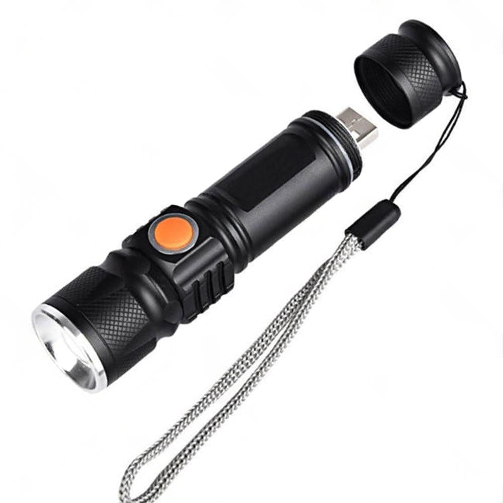 1x Black USB Rechargeable LED Flashlight Torch Suitable For Outdoor Use, Waterproof.