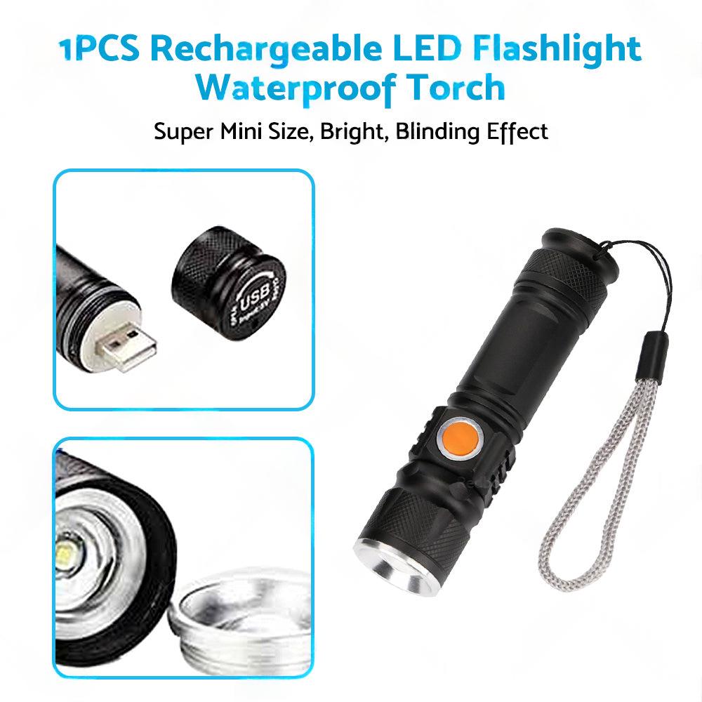 1x Black USB Rechargeable LED Flashlight Torch Suitable For Outdoor Use, Waterproof.