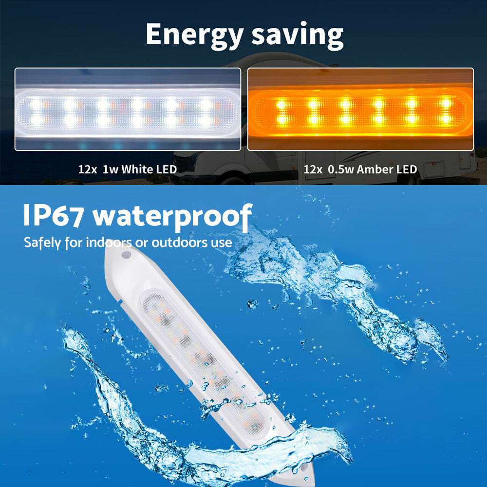 287MM DUAL LED BUG LIGHT 12/24V AWNING LIGHT AMBER/WHITE LIGHTS W/ SWITCH.
