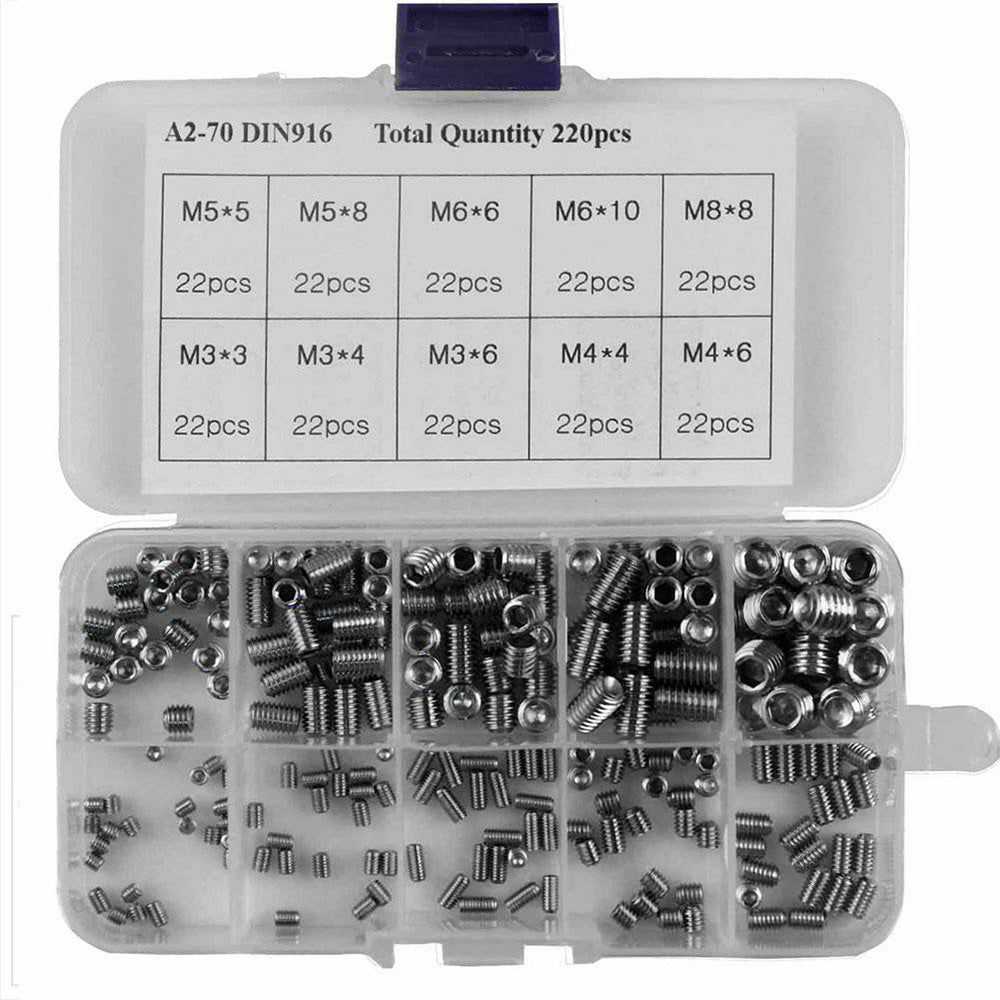 220Pcs Stainless Steel Allen Head Socket Set Grub Screws Assortment Kit.