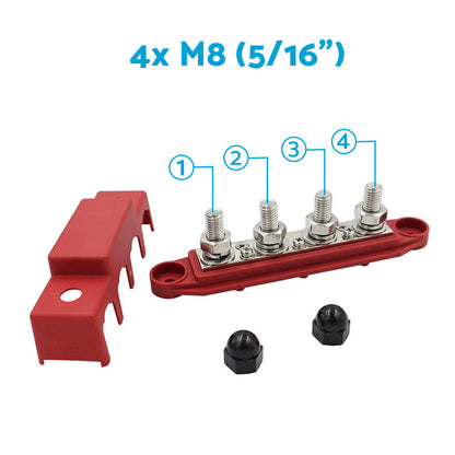 2x M8 4-Post 250A DC 48V Bus Bar Power Distribution Box Suitable for Heavy Duty