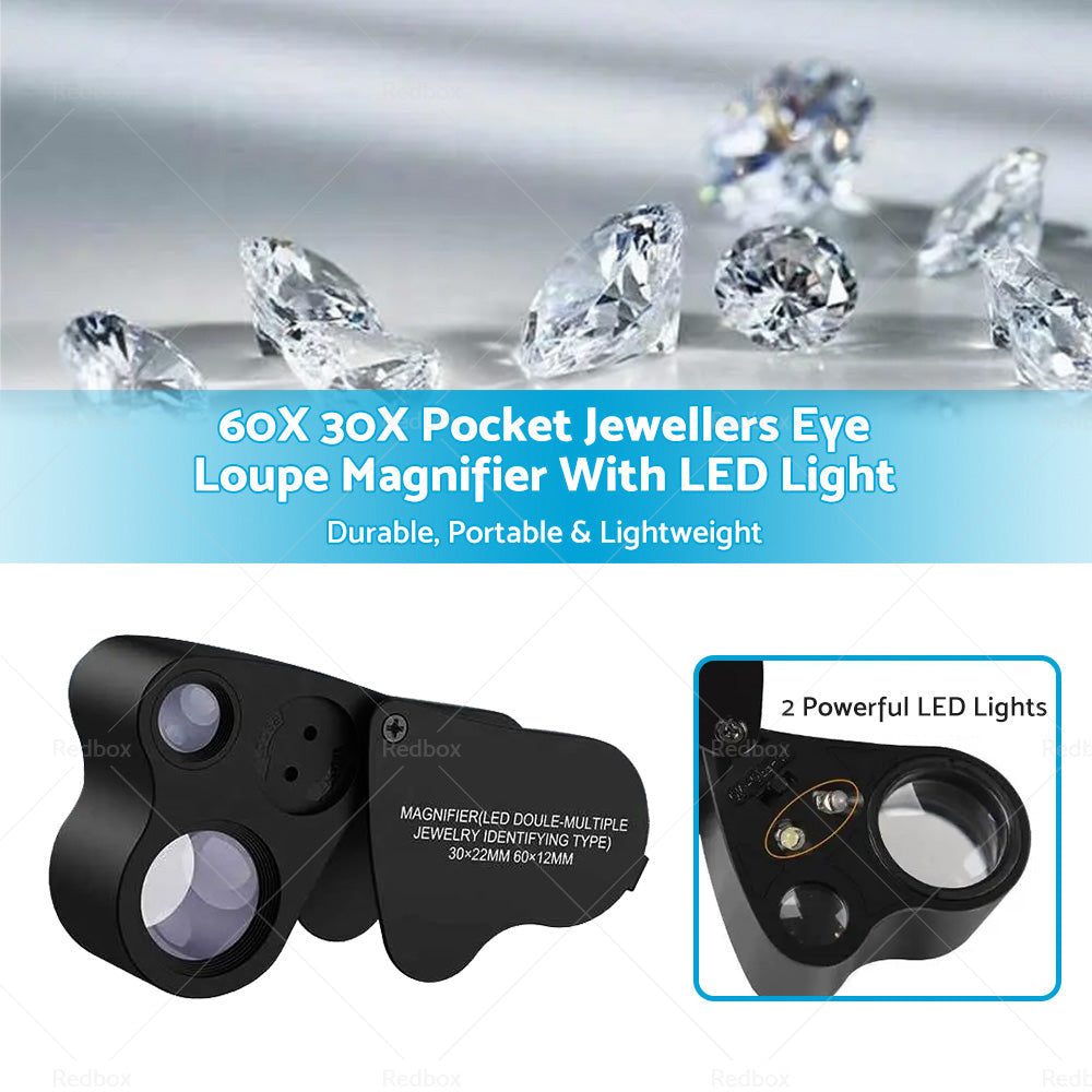 60x30mm Pocket Jeweller’s Eye Loupe Magnifier With LED Light Suitable For Jewelry