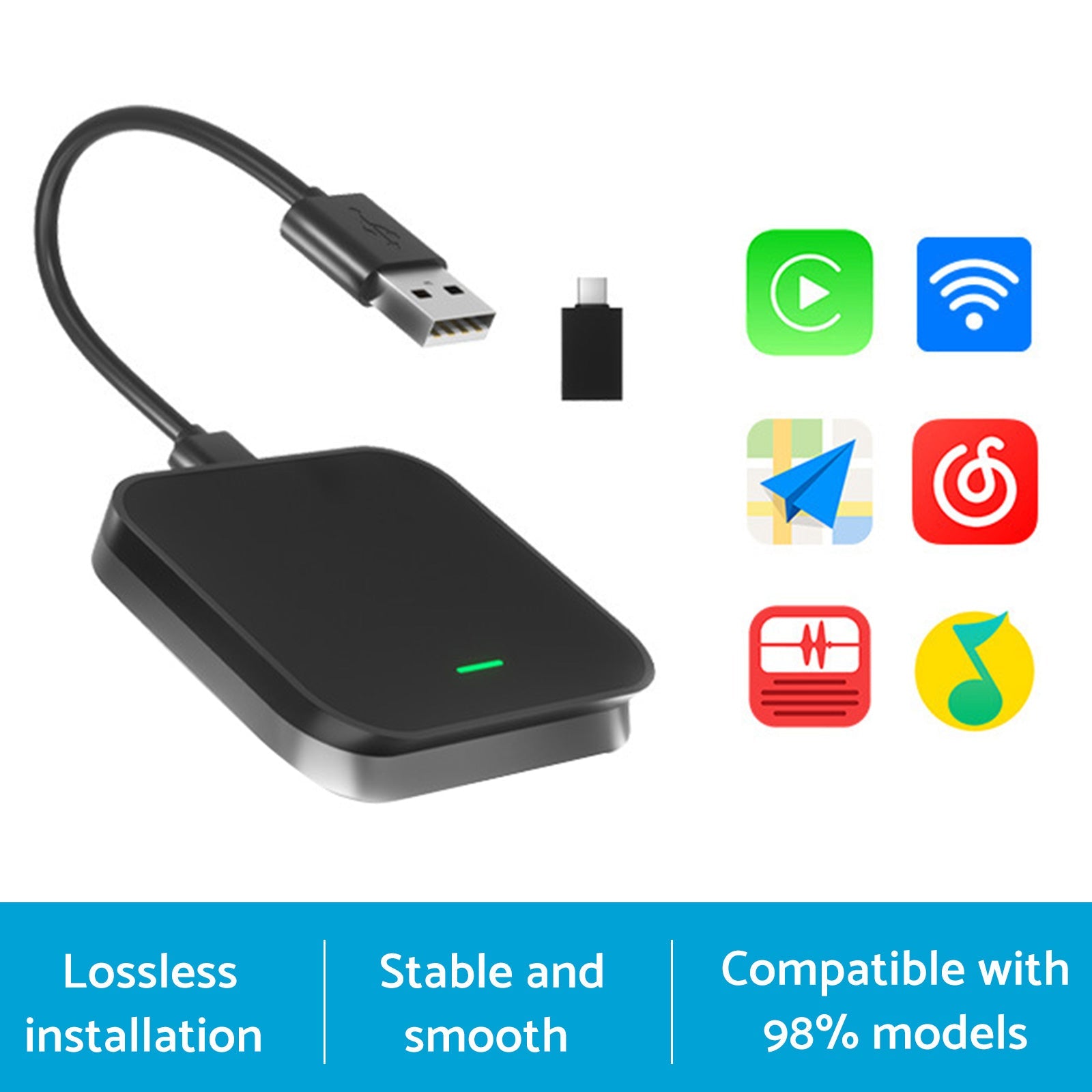 Bluetooth USB Wireless Receiver Black Suitable for Apple CarPlay Adapter.