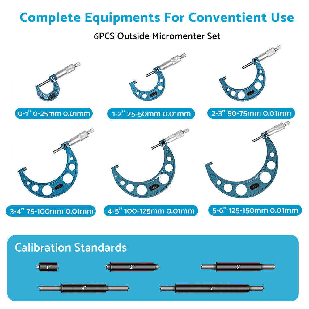 6x Precision Outside Micrometers 0-150mm Suitable For Machinist – Carbide 0.01mm