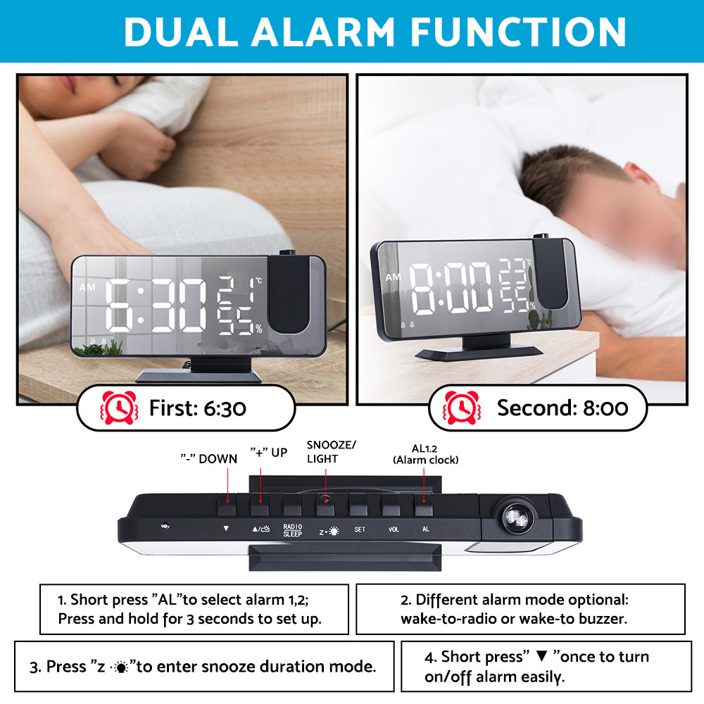Projection on Ceiling Digital Dual Alarm Clock Bedroom Radio LED Big Screen.