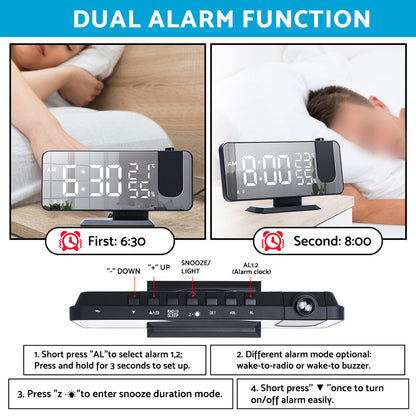 Projection on Ceiling Digital Dual Alarm Clock Bedroom Radio LED Big Screen.