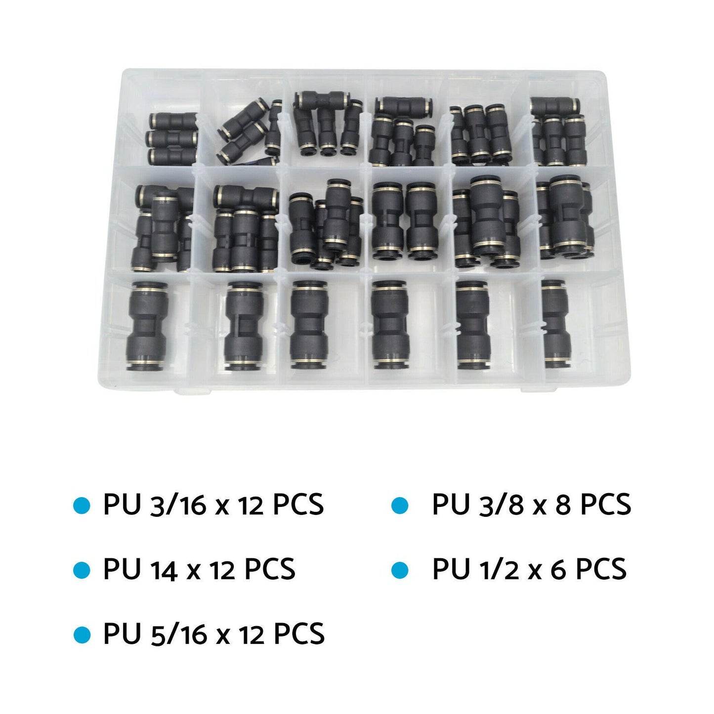 Pneumatic Push In Air Line Hose Quick Connect Kit 50x Suitable For Imperial Nylon Tubing.