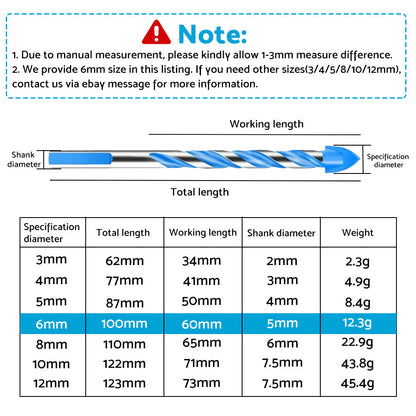 10x 6mm Tungsten Carbide Drill Bit Set Suitable For Porcelain Tile, Concrete, Brick & Glass