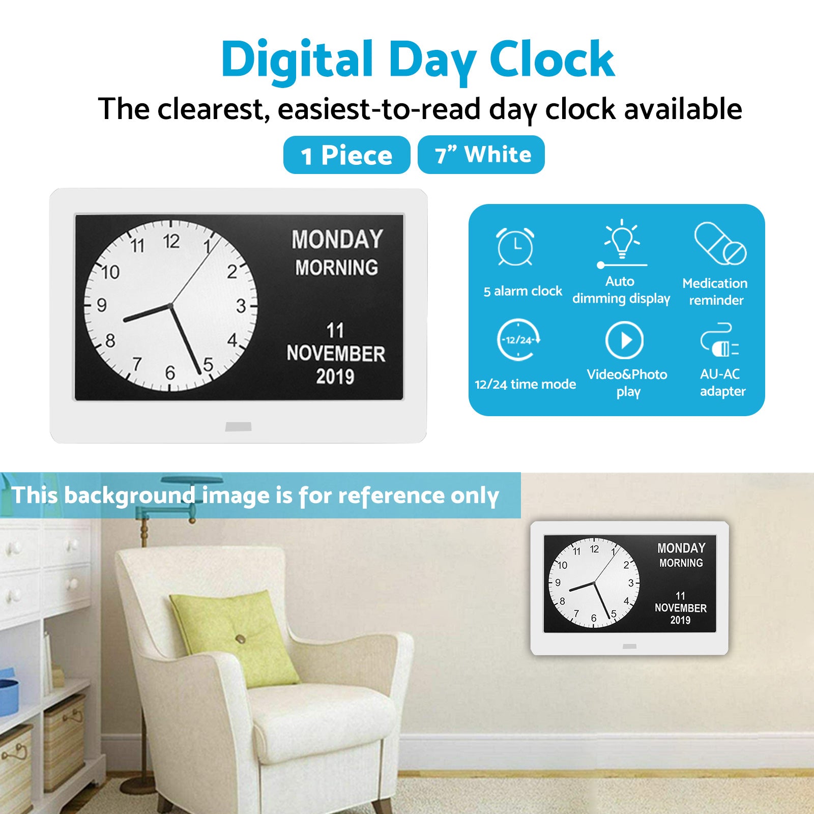 LED Large Digital Day Clock 7  Calendar Dementia Date Week Month Year Time Wall.