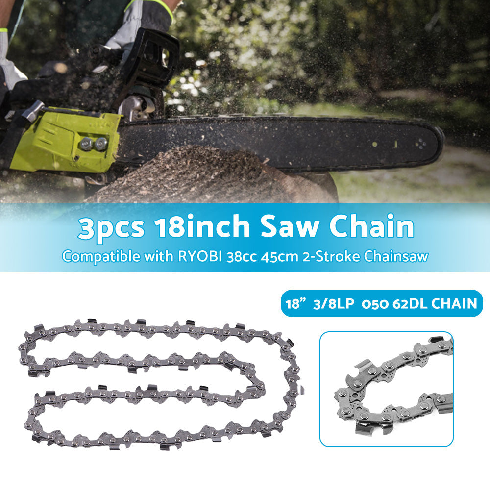 3PCS 18 inch  3 or 8LP 62DL Chainsaw Chain Suitable for RYOBI 38cc 45cm 2-Stroke RCS3845.