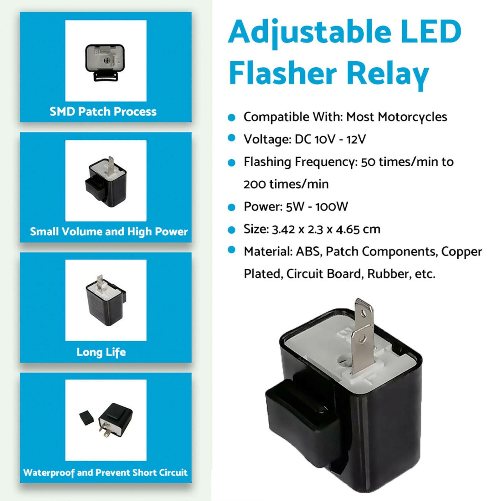 12V 2 Pin Motorcycle Blinker Adjustable LED Flasher Relay Turn Signal Indicator.