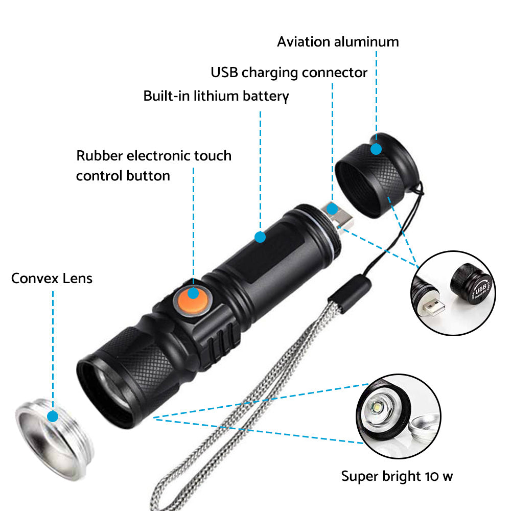 2PCS USB Rechargeable LED Flashlight Waterproof Torch Black.