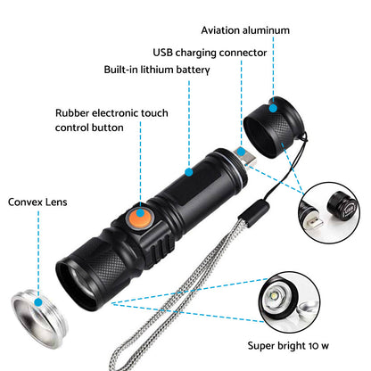2PCS USB Rechargeable LED Flashlight Waterproof Torch Black.