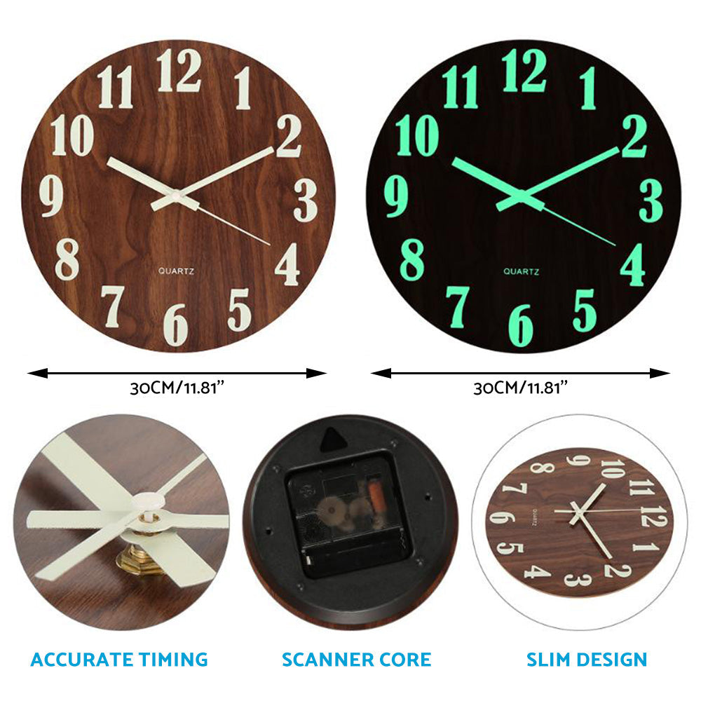 12'' Luminous Wall Clock Glow In The Dark Silent Quartz Indoor Home Modern Clock.