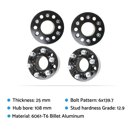 4x 25mm 6x139.7 (5.5") M12x1.5 Wheel Spacers Suitable For Hilux Pajero Triton Ranger