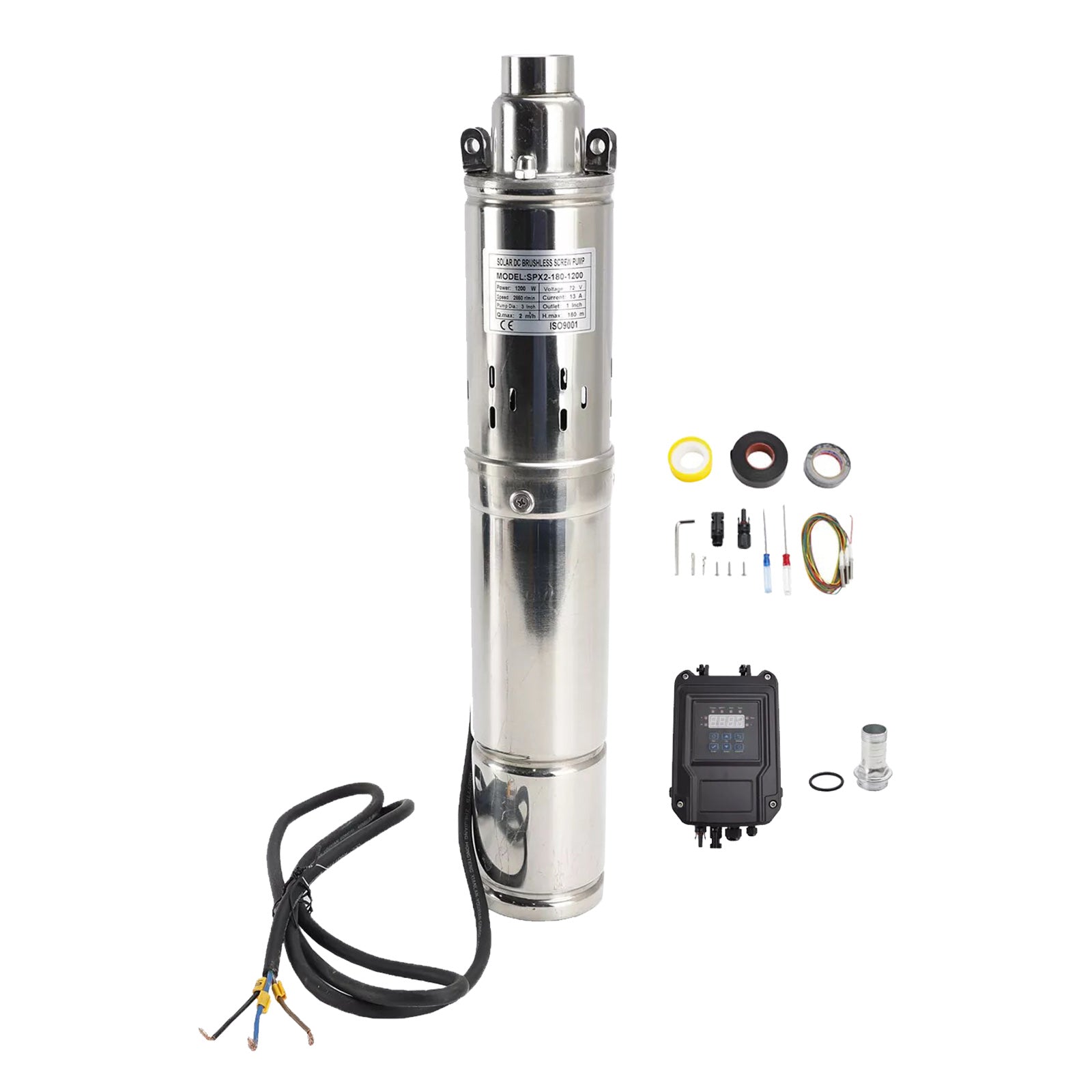 3in 72V 1.2KW Solar Bore Pump Submersible Deep Well MPPT Screw Head 180M.