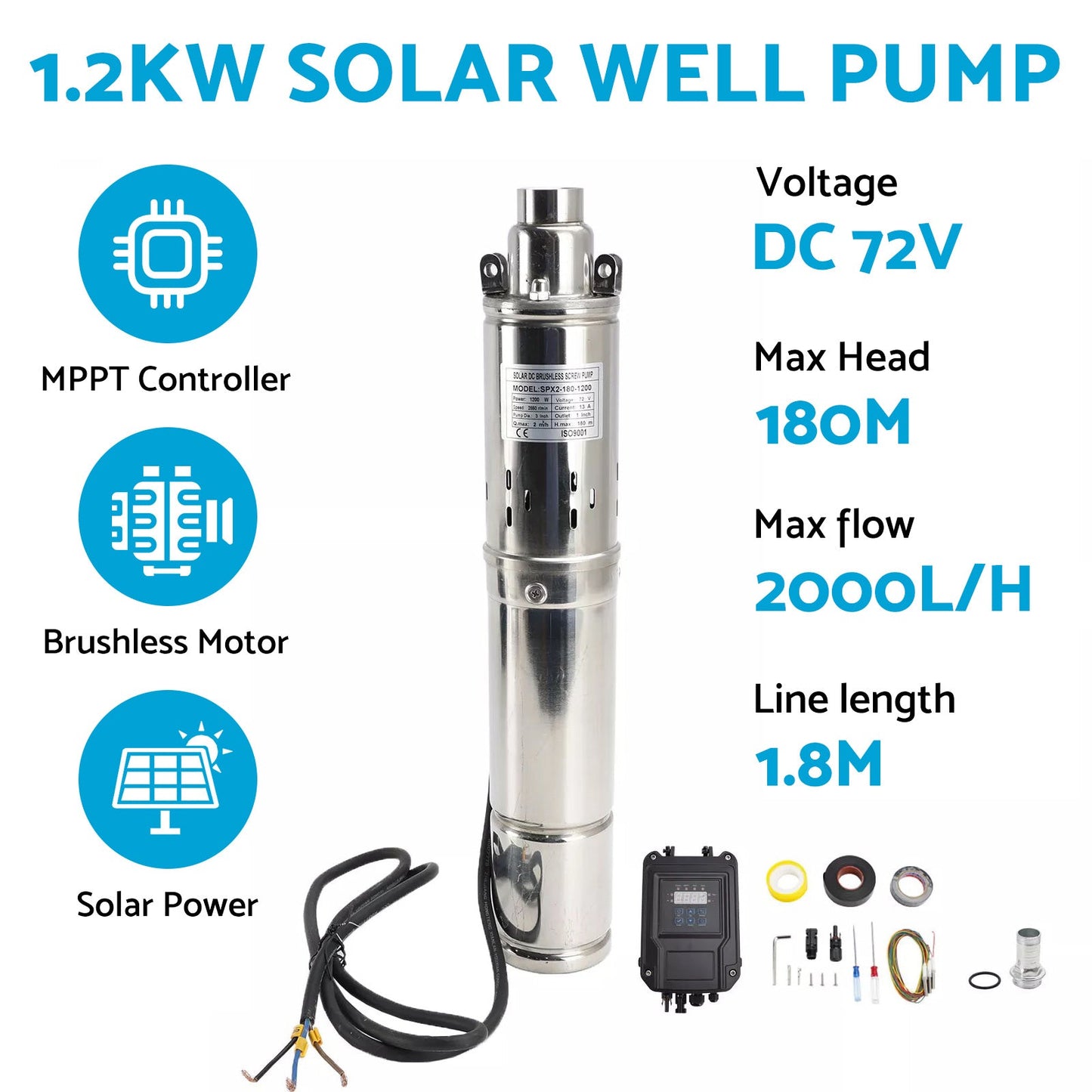3in 72V 1.2KW Solar Bore Pump Submersible Deep Well MPPT Screw Head 180M.