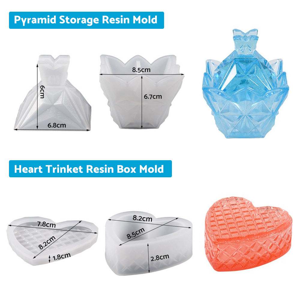 Silicone Epoxy Resin Mold Jewelry Storage Box Pyramid Trinket Heart Organizer.