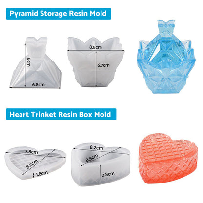Silicone Epoxy Resin Mold Jewelry Storage Box Pyramid Trinket Heart Organizer.