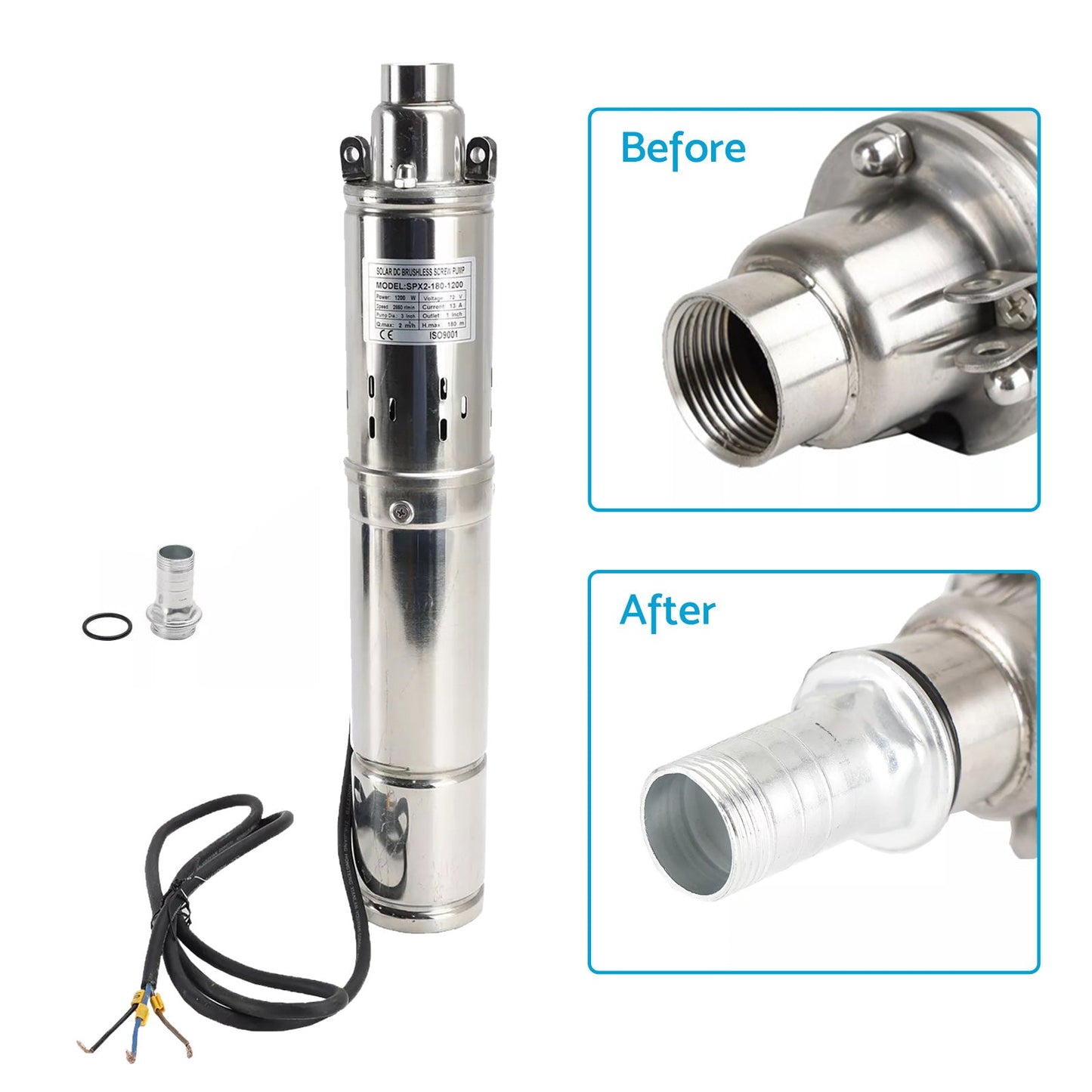 3in Deep Well Solar Bore Pump 48V 750W Submersible MPPT Screw Pump 140M.