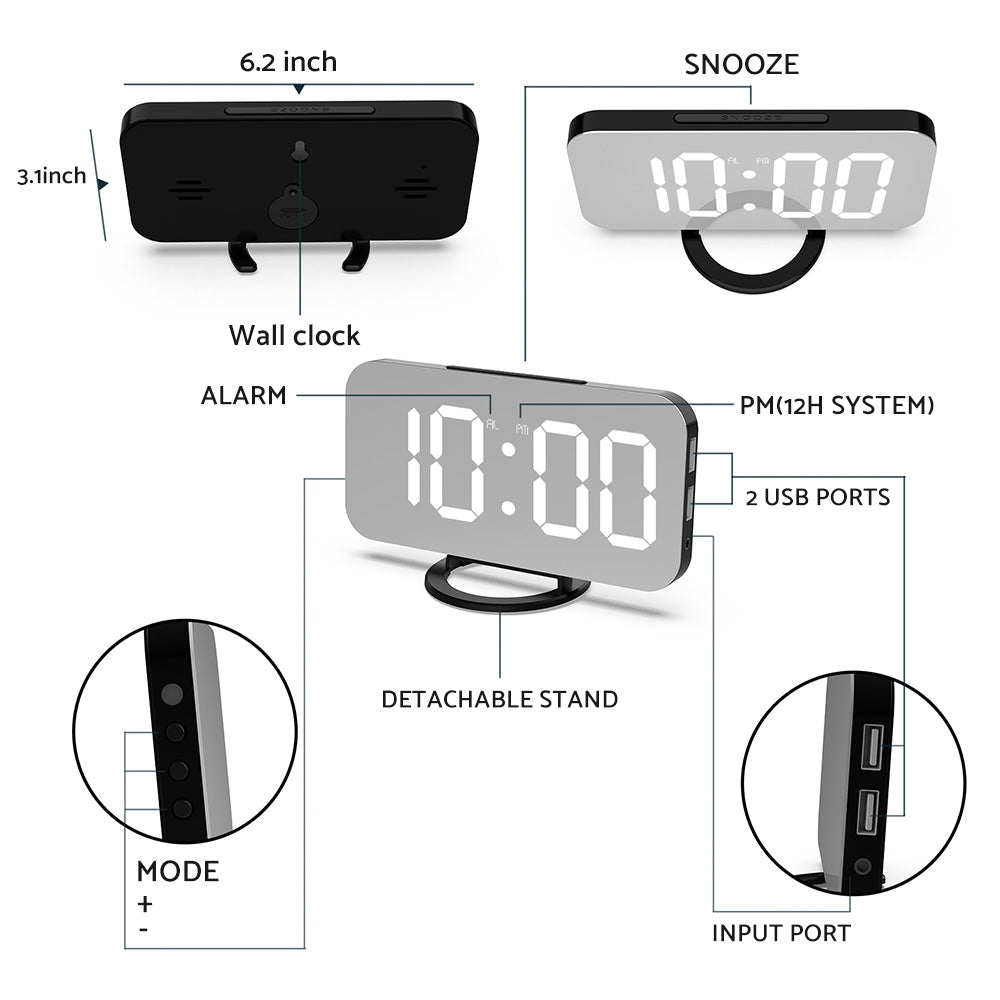 Digital Alarm Clock with Mirror LED Display Suitable For Wall & Bedroom, Snooze Function, Dim Mode.
