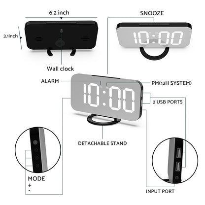 Digital Alarm Clock with Mirror LED Display Suitable For Wall & Bedroom, Snooze Function, Dim Mode.