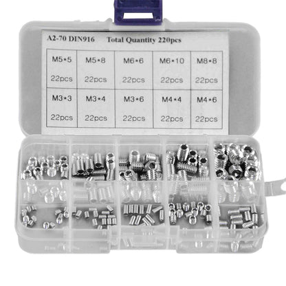 220Pcs Stainless Steel Allen Head Socket Set Grub Screws Assortment Kit.