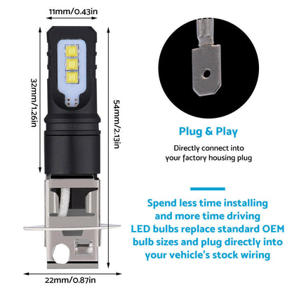 2x H3 80W 6000LM LED Headlight Bulbs White 6500K Suitable For Car Use.