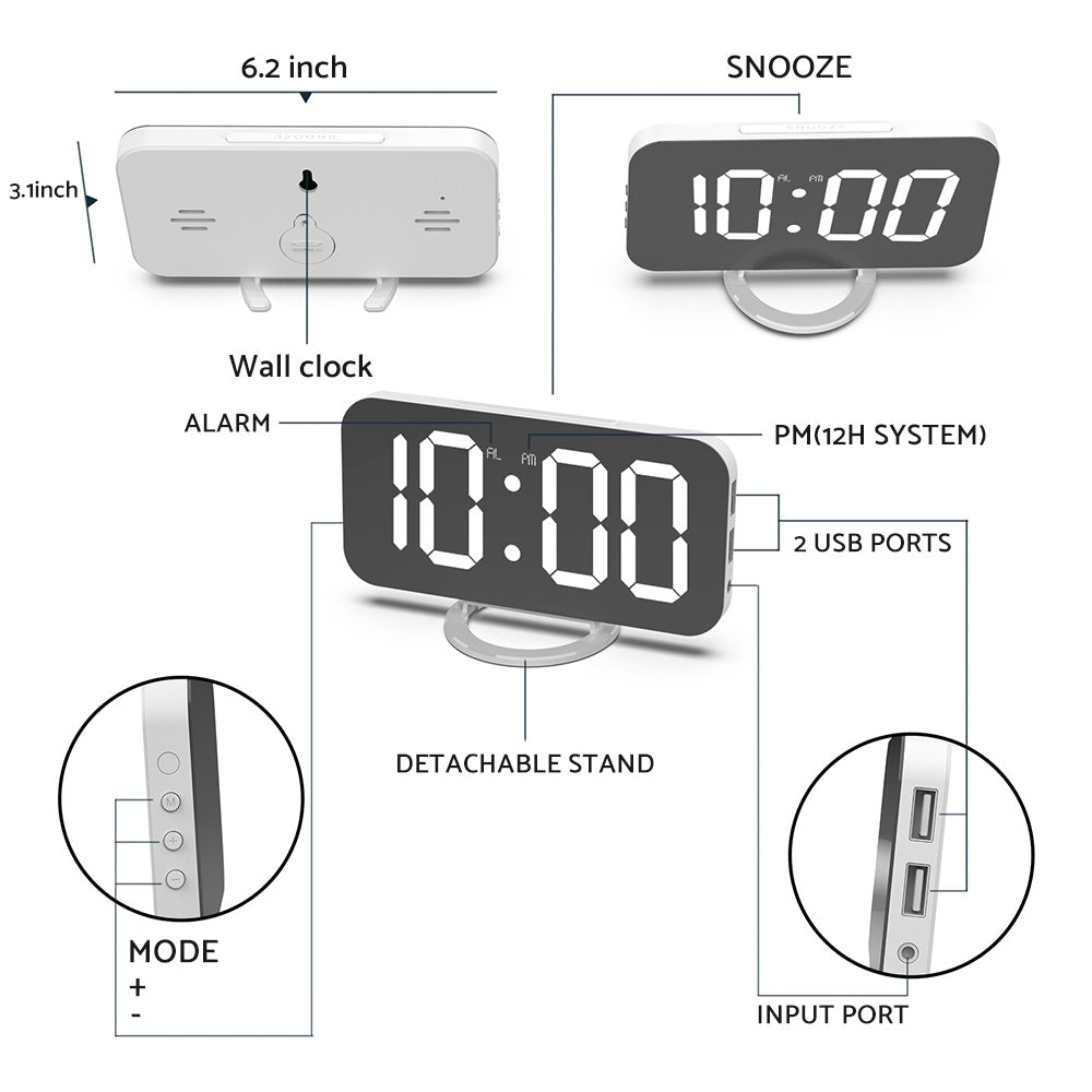 Digital Alarm Clock with Mirror LED Display Suitable For Wall & Bedroom, Snooze Function, Dim Mode.