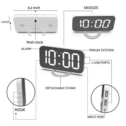 Digital Alarm Clock with Mirror LED Display Suitable For Wall & Bedroom, Snooze Function, Dim Mode.