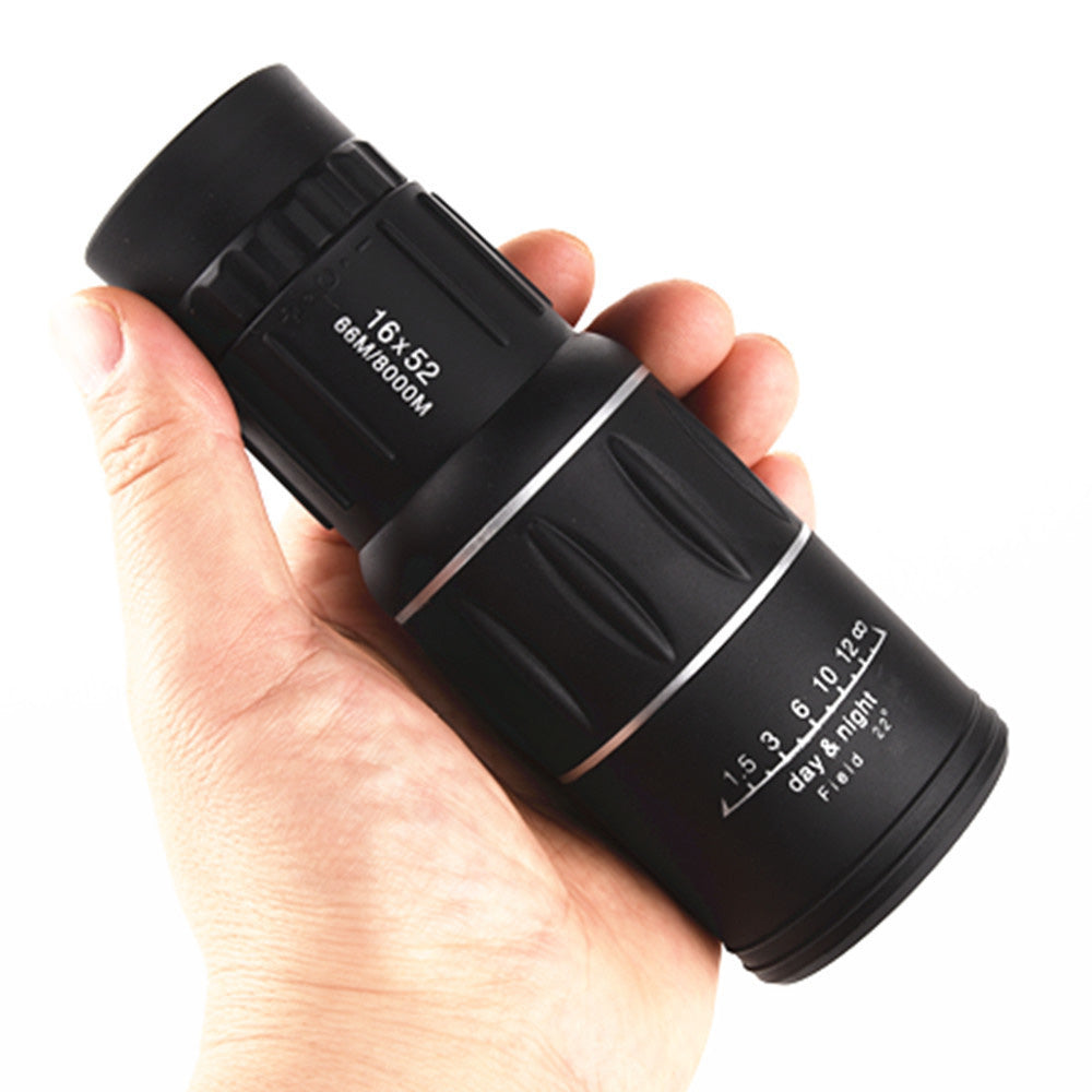 High-Powered Wide-Angle Monocular Telescope Suitable for Single-Handed Use with