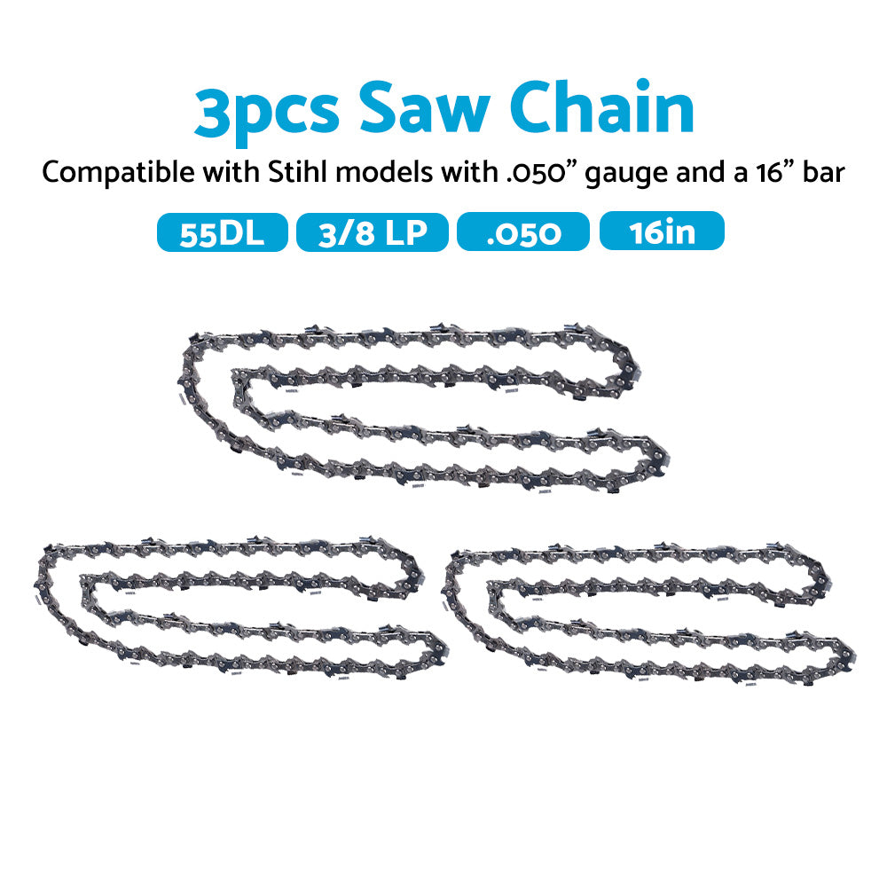 3x 16 Inch Chainsaw Chains 3/8 LP .050 55DL Suitable for STIHL 16" Bar