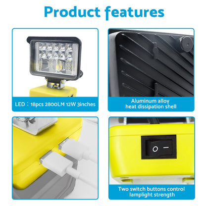 Torch Lamp LED Flood Work Light Tool Suitable for DeWalt 18V 20V Lithium Battery.