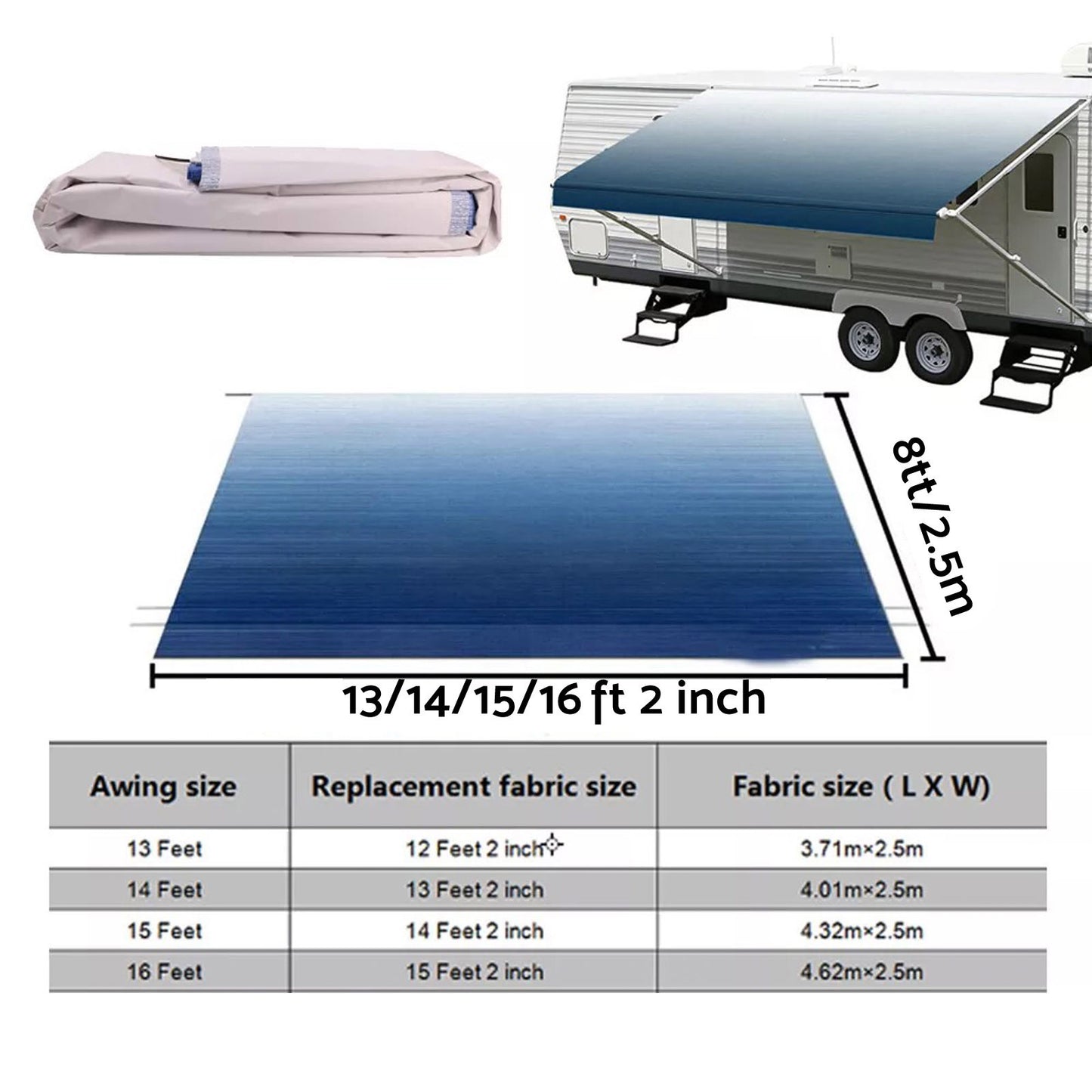PVC Vinyl Awning Fabric Blue Fade 13-16FT Suitable For RV Caravan Trailer Camper