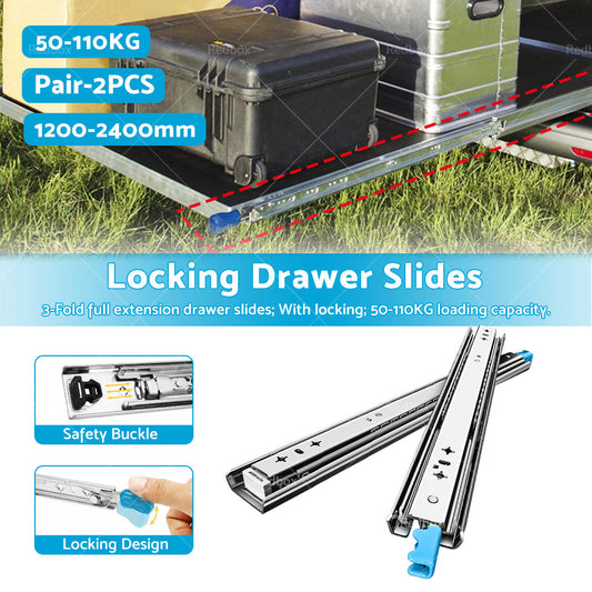 PAIR 90KG Loading Capacity Locking Drawer Slide Runner Trailer 800mm or 1600mm.