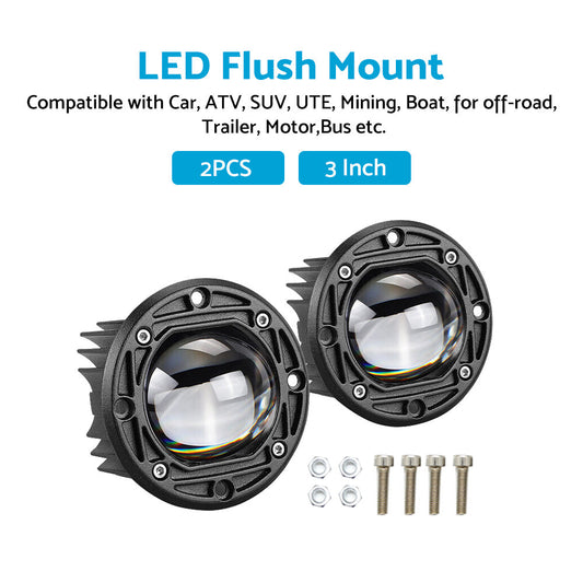2x 3inch Flush Mount LED Work Light Bar Reverse Fog Lamp 4WD White Yellow 8D Len.
