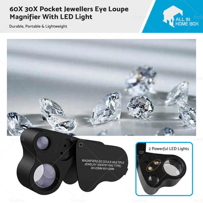 60x30mm Pocket Jeweller’s Eye Loupe Magnifier With LED Light Suitable For Jewelry