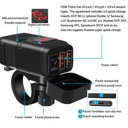 Dual USB Port Motorcycle Fast Charger Socket Suitable For Motorcycles – With LED Voltmeter Display & ON/OFF Switch